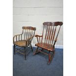 A BEECH ROCKING CHAIR, and an oak spindle back armchair (condition - armchair with broken spindle)