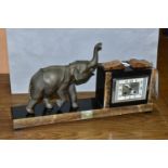 A FRENCH ART DECO MARBLE MANTEL CLOCK, Olivaux Renn, with key and pendulum and figure of an elephant