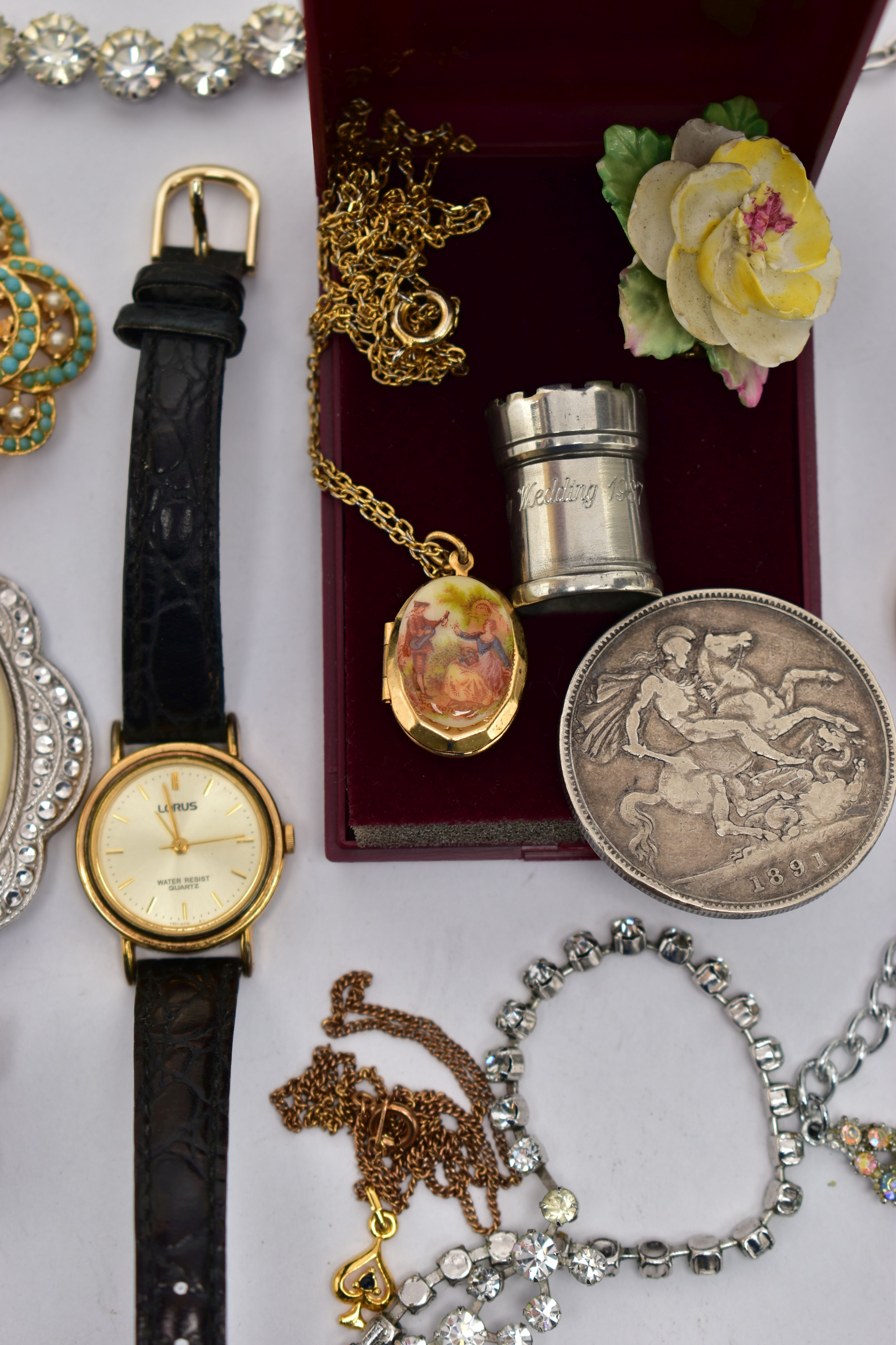 A BOX OF ASSORTED ITEMS, to include a ladys 'TimeCo' wristwatch, gold plated case fitted with an - Image 2 of 6