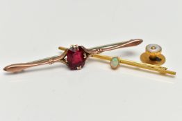 TWO BAR BROOCHES AND A DRESS STUD, to include a polished yellow metal bar brooch set with an oval