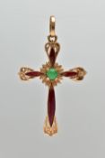 A YELLOW METAL ENAMEL CROSS PENDANT, scroll detailed cross with red enamel, to the centre is a