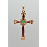 A YELLOW METAL ENAMEL CROSS PENDANT, scroll detailed cross with red enamel, to the centre is a