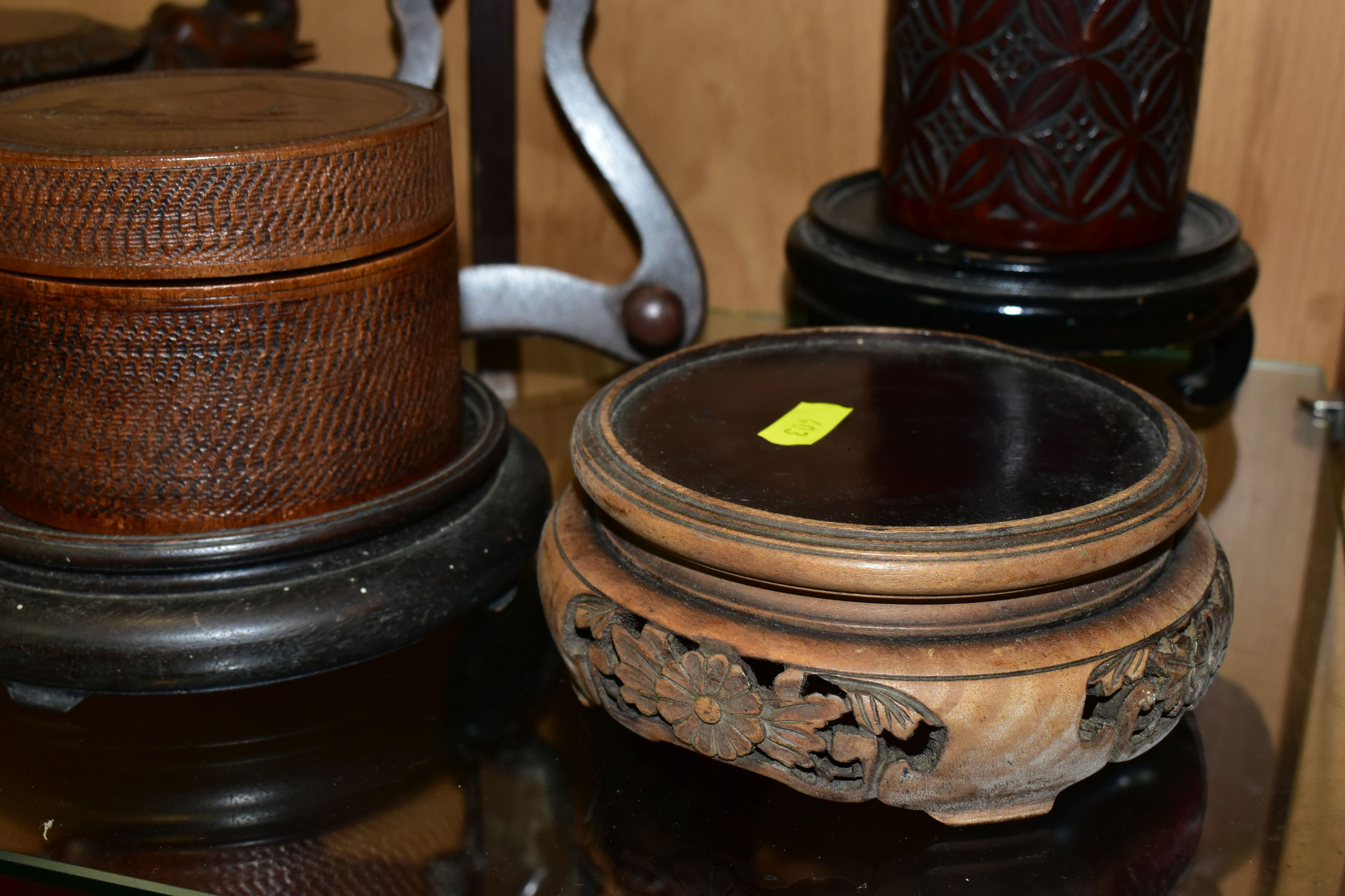 A QUANTITY OF WOODEN VASE STANDS, comprising an Arts & Crafts style tobacco jar with carved - Image 9 of 13