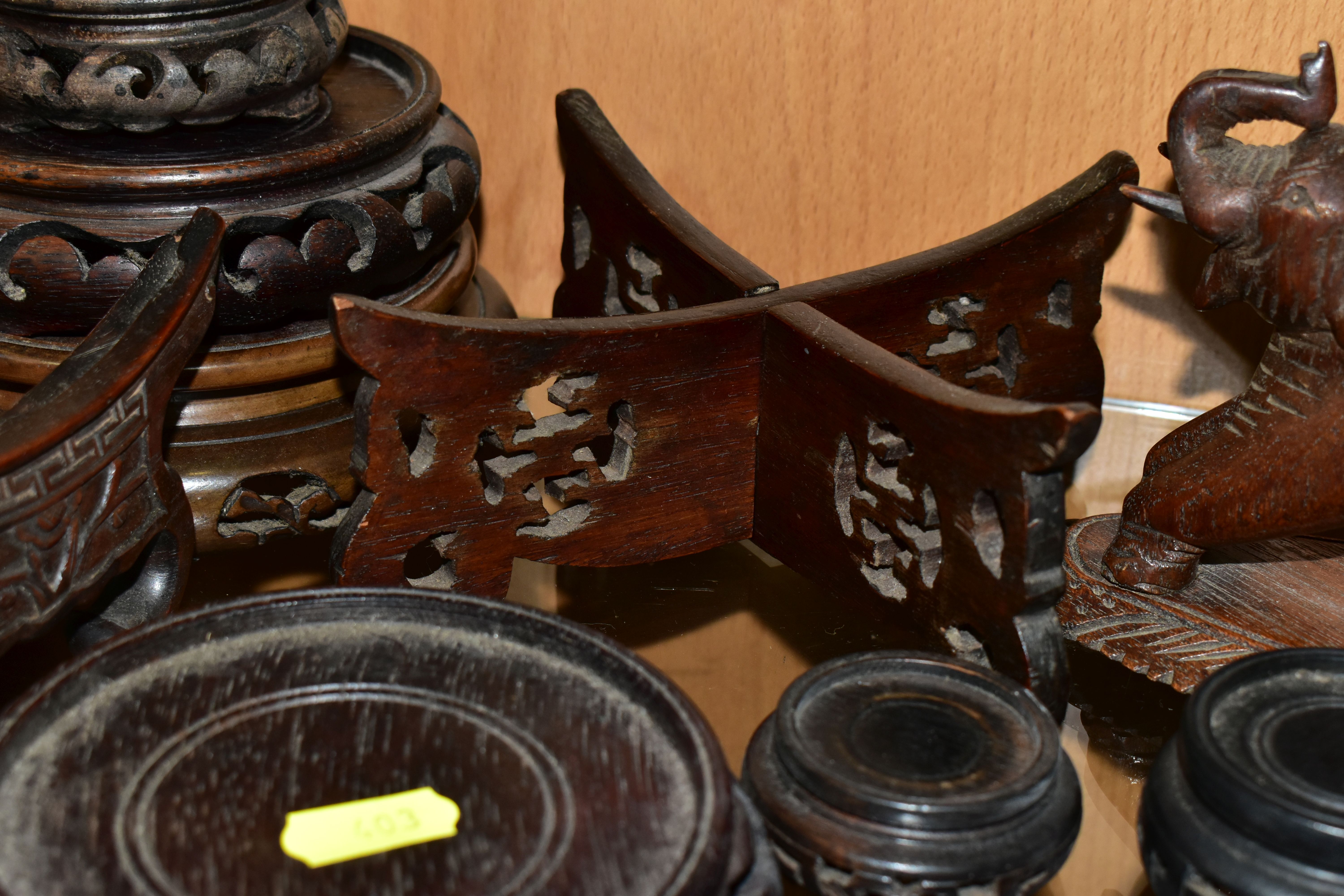 A QUANTITY OF WOODEN VASE STANDS, comprising an Arts & Crafts style tobacco jar with carved - Image 12 of 13