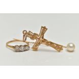 A PENDANT, RING AND STICK PIN, a 9ct gold crucifix pendant, hallmarked 9ct London import, fitted