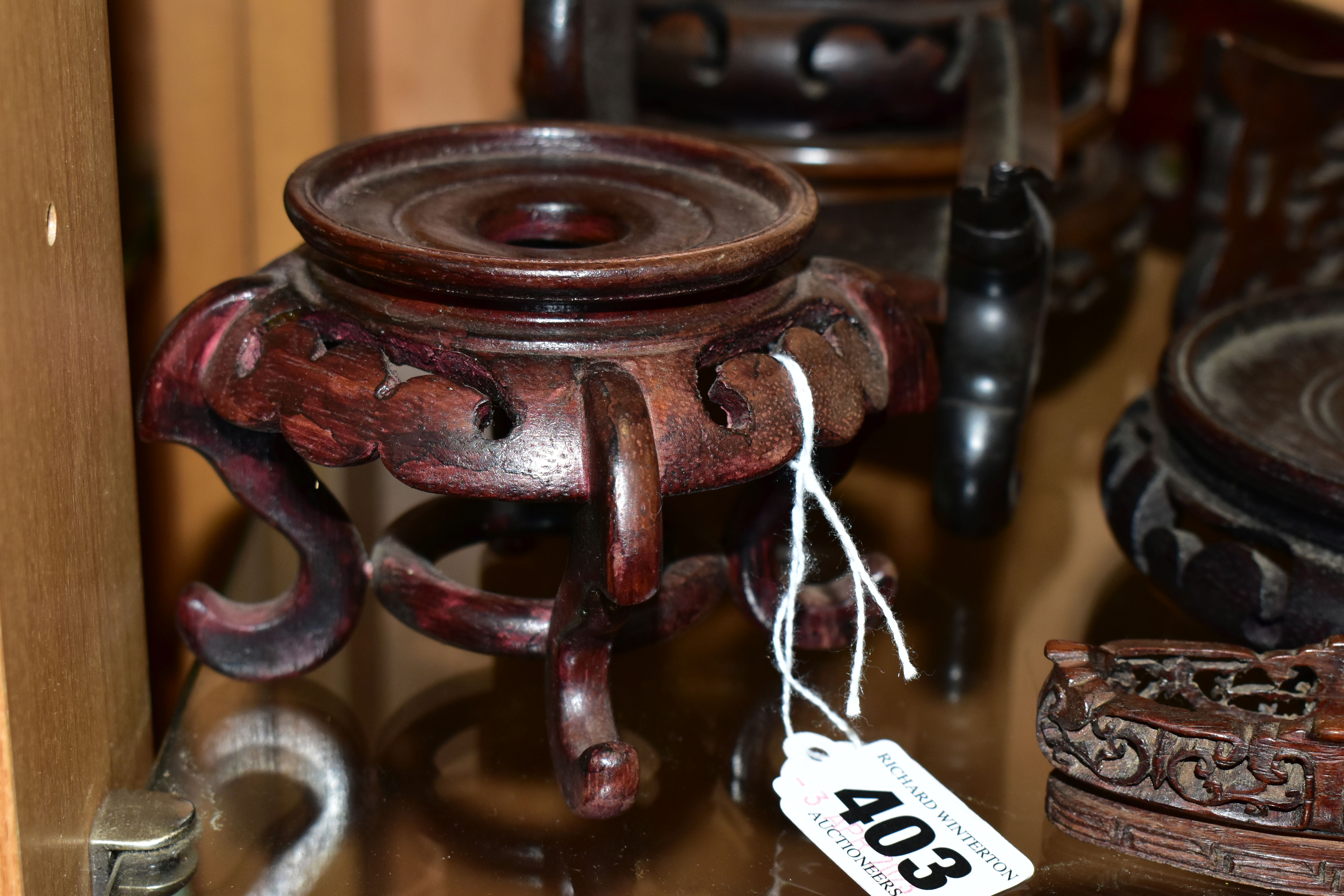 A QUANTITY OF WOODEN VASE STANDS, comprising an Arts & Crafts style tobacco jar with carved - Image 4 of 13