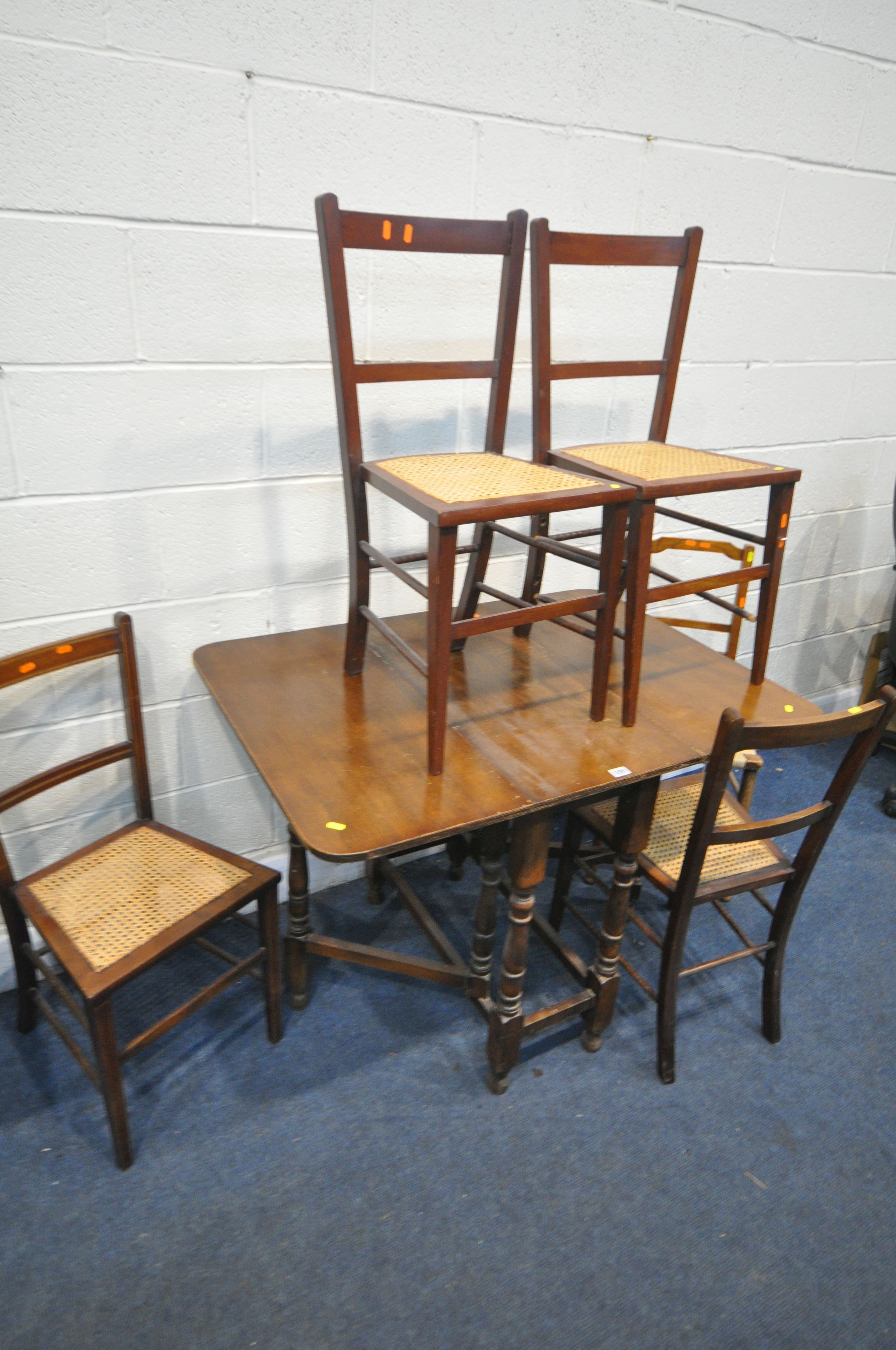 AN OAK GATE LEG TABLE, six various chairs, along with a Formica top gate leg table (8) - Image 2 of 3