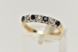 AN 18CT GOLD SAPPHIRE AND DIAMOND RING, half eternity style ring, set with four circular cut deep