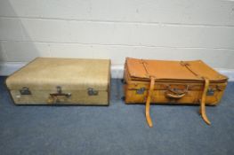 A VINTAGE TAN LEATHER SUITCASE, 80cm x 40cm x 28cm, and another vintage suitcase (2)