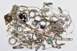 A BAG OF ASSORTED WHITE METAL JEWELLERY, to include four silver rings of various designs all