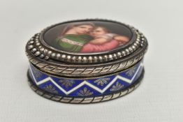 A LATE 19TH CENTURY CONTINENTAL SILVER, ENAMEL AND PORCELAIN SNUFF BOX OF OVAL FORM, the hinged