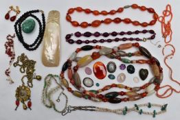 A BAG OF ASSORTED SEMI-PRECIOUS GEMSTONE JEWELLERY, to include a long banded agate, carnelian and