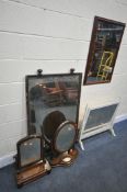 A SELECTION OF MIRRORS, to include a two Victorian walnut swing mirrors, a painted swing mirror, and