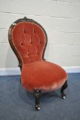 A VICTORIAN SPOONBACK CHAIR, with pink upholstery