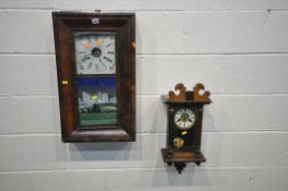 A LATE 19TH CENTURY WALNUT RECTANGULAR AMERICAN WALL CLOCK, with a stained glass window, with two