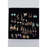 A BOX OF ASSORTED EARRINGS, all white metal earrings for pierced ears, of various designs, some