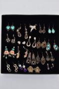 A BOX OF ASSORTED EARRINGS, all white metal earrings for pierced ears, of various designs, some