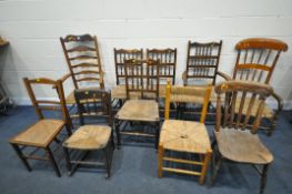 A SELECTION OF ANTIQUE CHAIRS, to include four various oak rush seated Lancashire chairs, an elm