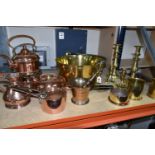 A COLLECTION OF COPPERWARE AND BRASS, comprising a copper spirit kettle with a wicker handle,