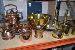 A COLLECTION OF COPPERWARE AND BRASS, comprising a copper spirit kettle with a wicker handle,