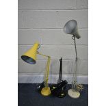 THREE HERBRT TERRY ANGLEPOISE DESK LAMPS, in yellow, cream and black (condition:-black angle poise