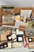 A LARGE BOX CONTAINING WORLD COINAGE, to include several tins with mixed coinage such as Kiribati