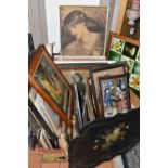 TWO BOXES AND LOOSE PAINTINGS AND PRINTS ETC, to include a portrait of a continental female figure