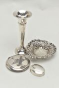 FOUR PIECES OF LATE VICTORIAN AND 20TH CENTURY SILVER AND WHITE METAL, comprising a late Victorian