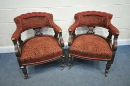 A PAIR OF EDWARDIAN MAHOGANY TUB CHAIRS, with scrolled backs, and red fabric, width 67cm x depth