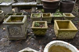 A WEATHERED COMPOSITE SQUARE PLANTER, 39cm squared x height 43cm, along with two brick effect square