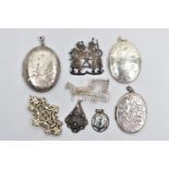 A BOX OF SILVER AND WHITE METAL JEWELLERY, to include a small white metal guilloche enamel