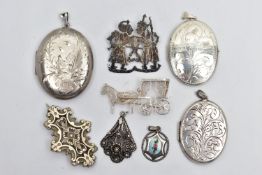 A BOX OF SILVER AND WHITE METAL JEWELLERY, to include a small white metal guilloche enamel