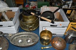 THREE BOXES OF METALWARE, to include a copper bed warmer, cider jug, pan, two large brass