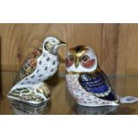 TWO ROYAL CROWN DERBY PAPERWEIGHTS, comprising a Tawny Owl and a Song Thrush, each with gold