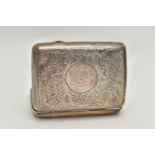 A GEORGE V SILVER CIGARETTE CASE OF RECTANGULAR FORM, engraved with foliate design to front and