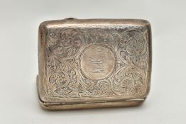A GEORGE V SILVER CIGARETTE CASE OF RECTANGULAR FORM, engraved with foliate design to front and