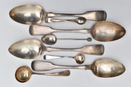 A PARCEL OF SEVEN 19TH AND 20TH CENTURY SILVER SPOONS AND A PAIR OF SUGAR TONGS, comprising a set of