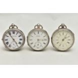 THREE SILVER OPEN FACE POCKET WATCHES, the first a key wound movement, white dial signed 'A.White