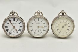 THREE SILVER OPEN FACE POCKET WATCHES, the first a key wound movement, white dial signed 'A.White
