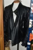 TWO BLACK LEATHER MOTORCYCLE JACKETS, together with three pairs of black leather motorcycle