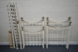 TWO WHITE METAL TUBULAR SINGLE BED STEADS, with side rails, slats, and bolts (one headboard