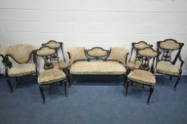 A VICTORIAN SEVEN PIECE MAHOGANY FRAMED PARLOUR SUITE, comprising a two seater sofa, length 132cm,