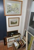 A BOX AND LOOSE PAINTINGS AND PRINTS ETC, to include a Caroline Glanville pen and watercolour