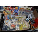 TWO BOXES AND LOOSE BADGE MAKING EQUIPMENT, KEYRINGS AND VINTAGE PETROL EPHEMERA, to include three