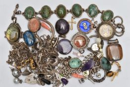 A BAG OF ASSORTED WHITE METAL JEWELLERY, to include a hardstone bracelet with toggle clasp stamped