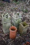 A PAIR OF VICTORIAN CHIMNEY POTS, 34cm squared x height 79cm, along with a flat top chimney pot, and
