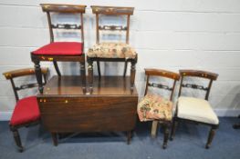 A SET OF FIVE REGENCY ROSEWOOD BAR BACK CHAIRS, with bergère seats and later drop in seat pads (