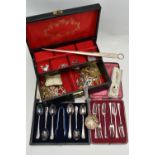 A BOX OF SILVER, COSTUME JEWELLERY AND OTHER ITEMS, to include a silver and gem set bracelet and