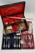 A BOX OF SILVER, COSTUME JEWELLERY AND OTHER ITEMS, to include a silver and gem set bracelet and