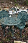 A GREEN PAINTED ALUMINIUM CIRCULAR GARDEN TABLE, diameter 69cm x height 65cm, and two chairs, etc (